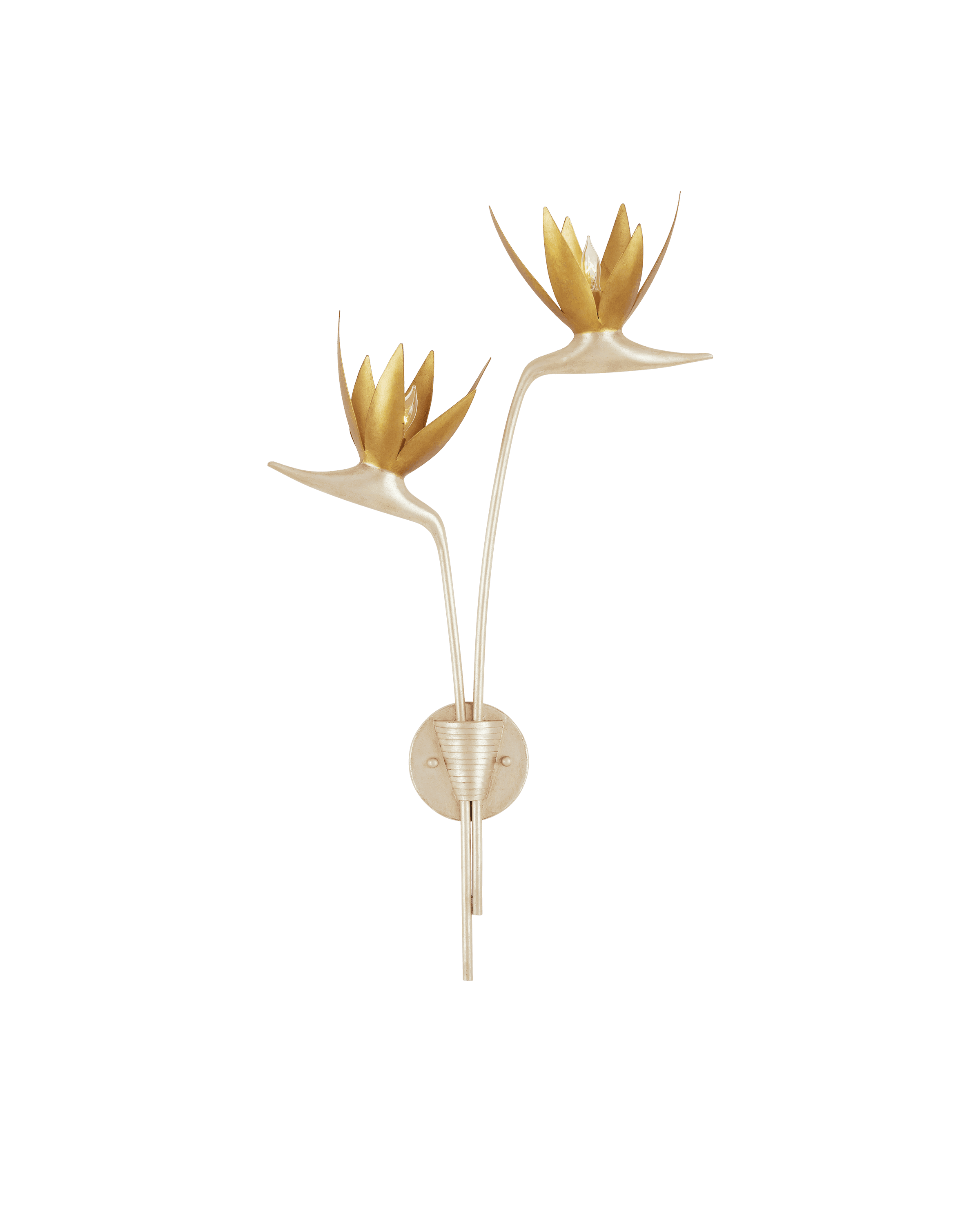 A decorative double-arm wall sconce featuring a botanical, flower-like design. It has a central ribbed mounting plate from which two upward-curving arms extend, each culminating in a multi-petal shade in a golden finish. The arms and mounting plate are in a lighter cream/ivory tone, creating a striking contrast with the gilt shades. — 3D model