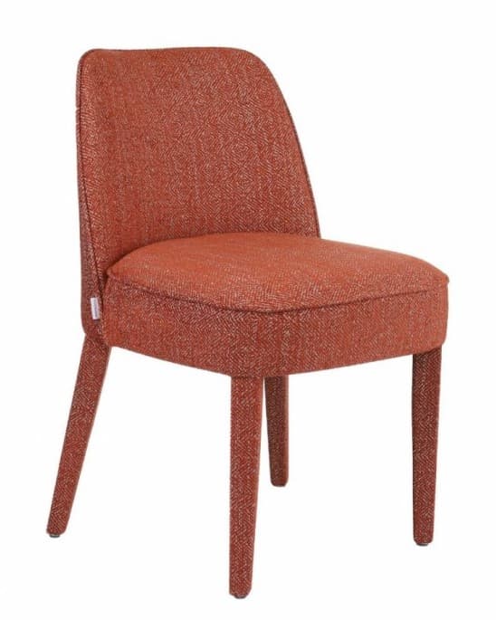 A side chair with a curved backrest and a upholstered seat. The chair has four tapered legs and is covered in a textured orange fabric with a subtle geometric pattern. — 3D model