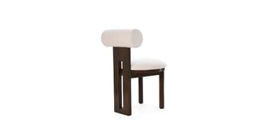 A wooden chair with an upholstered seat and backrest. The chair features a solid wood frame with a rectangular central support that has two cut-out rectangular openings. The seat is round and upholstered in a light-colored fabric. The backrest is also upholstered and has a horizontal, elongated rectangular shape. — 3D model