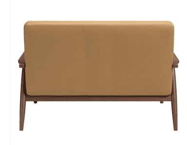 A mid-century modern style loveseat featuring a visible dark wood frame and tan, button-tufted upholstery. It has two distinct seat cushions and sloped, tapered wooden legs, with integrated wooden armrests. — 3D model