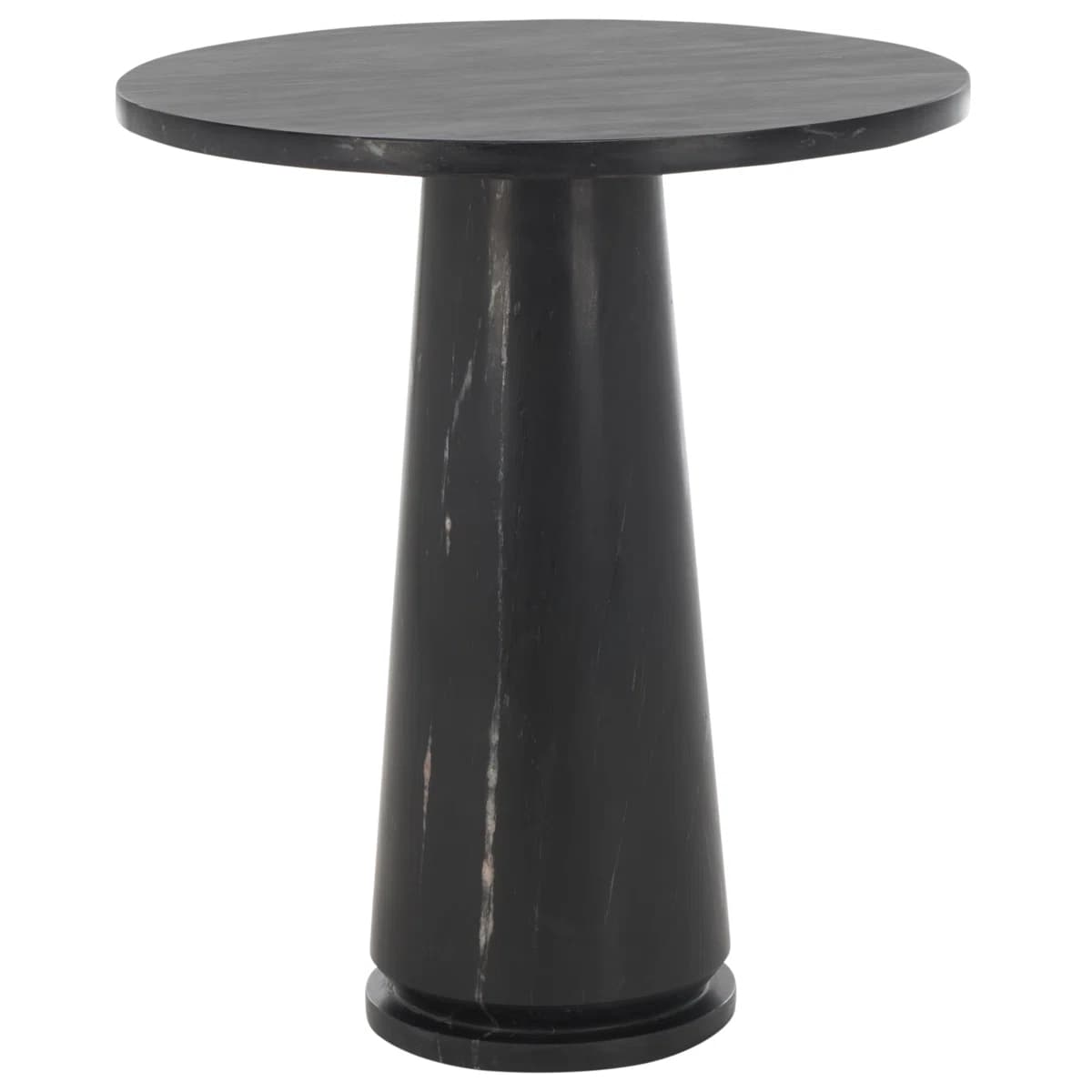 A round-topped side table with a single, flared pedestal base. The table is constructed from dark-colored stone with visible white and pinkish veining. The pedestal tapers from a wide base to a narrower point where it meets the underside of the tabletop, and then flares outwards slightly to support the circular top. — 3D model