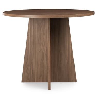 A modern round table with a dark walnut wood finish and a distinctive pedestal base composed of four intersecting, angled panels. — 3D model