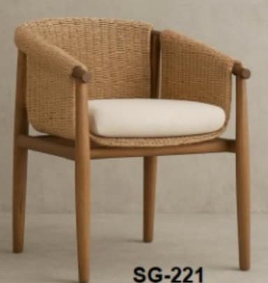 An armchair featuring a solid wood frame with a curved, woven rope backrest and integrated armrests, complemented by an off-white upholstered seat cushion. — 3D model