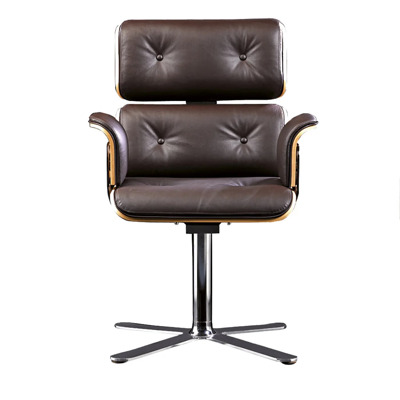 A brown leather armchair with a tufted seat and backrest, featuring integrated armrests. The chair has a wooden frame visible along the edges of the seat and backrest. It is supported by a polished chrome pedestal base with a five-star leg design, allowing for swivel functionality. — 3D model