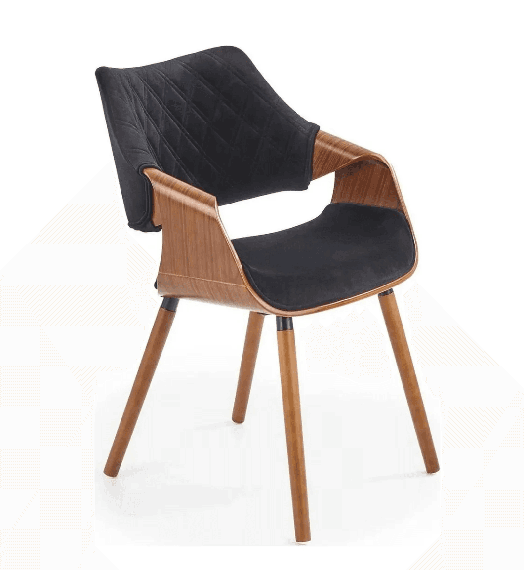 A modern armchair featuring a molded wooden shell for the seat and armrests, upholstered with black fabric on the seat cushion and backrest. The backrest has a quilted diamond pattern. The chair is supported by four tapered wooden legs. — 3D model