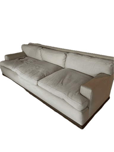 A three-seater sofa with a low profile and deep seating. It features generously filled seat and back cushions, and padded armrests. The base of the sofa is a dark, rectangular plinth, contrasting with the light upholstery. — 3D model