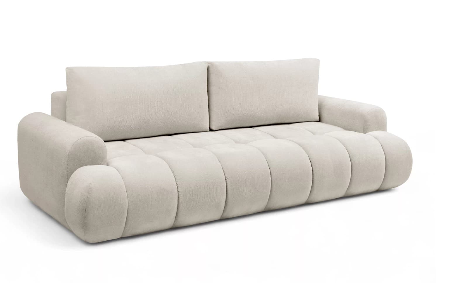 A contemporary sofa with a rounded, modular design. It features a low profile, thick, plush cushions with deep channel tufting on the seat and arms. The backrest is composed of two large, soft cushions. The overall form is curvilinear and inviting, with generously padded arms that blend seamlessly into the seat base. — 3D model