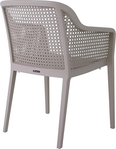 A light grey or beige plastic armchair featuring a backrest molded to resemble a cane woven pattern. The chair has a solid frame with integrated armrests and four tapered legs. The design suggests it is suitable for indoor or outdoor use and is likely stackable for storage. — 3D model