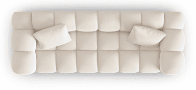 A contemporary three-seater sofa featuring plush, channel-tufted upholstery in a cream color, with softly rounded arms and back. Two matching throw pillows are included. — 3D model