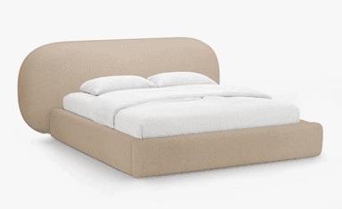 A modern upholstered platform bed featuring a large, rounded headboard and a low-profile frame, entirely covered in a light beige, textured boucle-like fabric. — 3D model