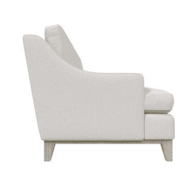 A two-seater sofa with a light-colored upholstered body and a light wood base and legs. The sofa features a low profile with slightly curved arms and two prominent seat cushions and back cushions. The base appears to be a continuous wooden frame connecting the legs. — 3D model