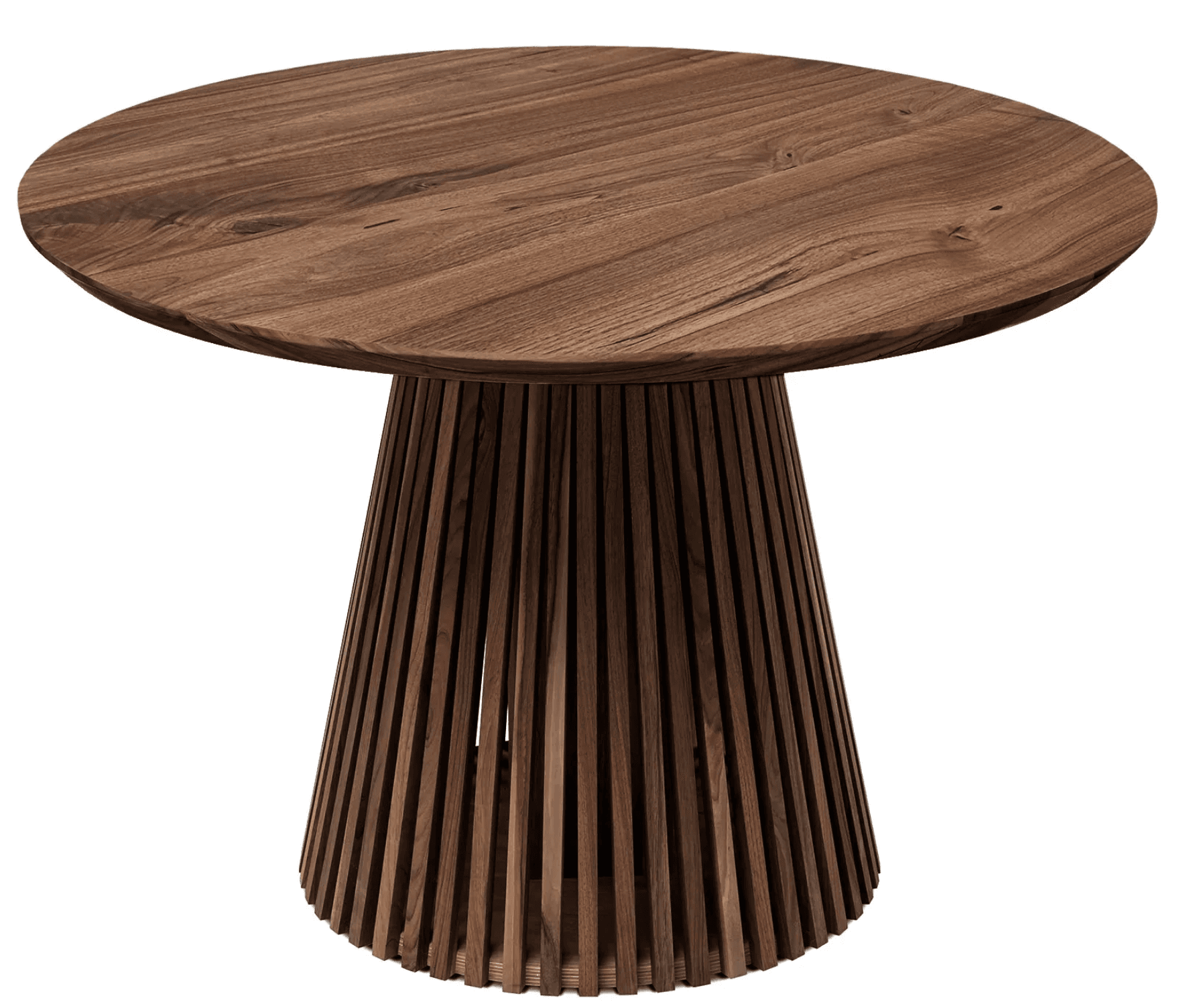 A round wooden table featuring a unique slatted pedestal base and a solid, smooth top. The wood displays natural grain patterns and a warm, dark brown hue. The base consists of numerous vertical wooden slats arranged in a conical shape, tapering from the underside of the table down to a narrower circular base. — 3D model
