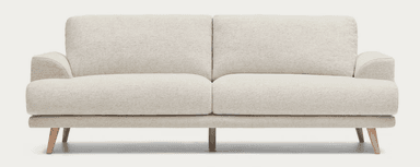 A contemporary two-seater sofa upholstered in a light beige, textured fabric, featuring rounded arms and back cushions. The sofa is supported by four light-toned, tapered wooden legs. — 3D model