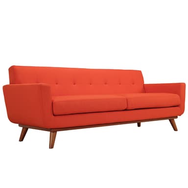 The image displays the rear and partial side view of an upholstered sofa featuring a vibrant orange fabric. It is supported by an exposed dark wooden frame and splayed, tapered wooden legs, indicative of a mid-century modern design style. The upholstery exhibits a subtle woven texture. — 3D model