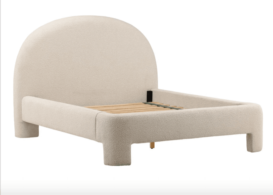 A contemporary bed frame with a curved, upholstered headboard and a rounded, upholstered frame. The frame is supported by four block-style legs. The interior of the frame reveals a wooden slat system for mattress support. The upholstery has a textured, boucle-like finish. — 3D model