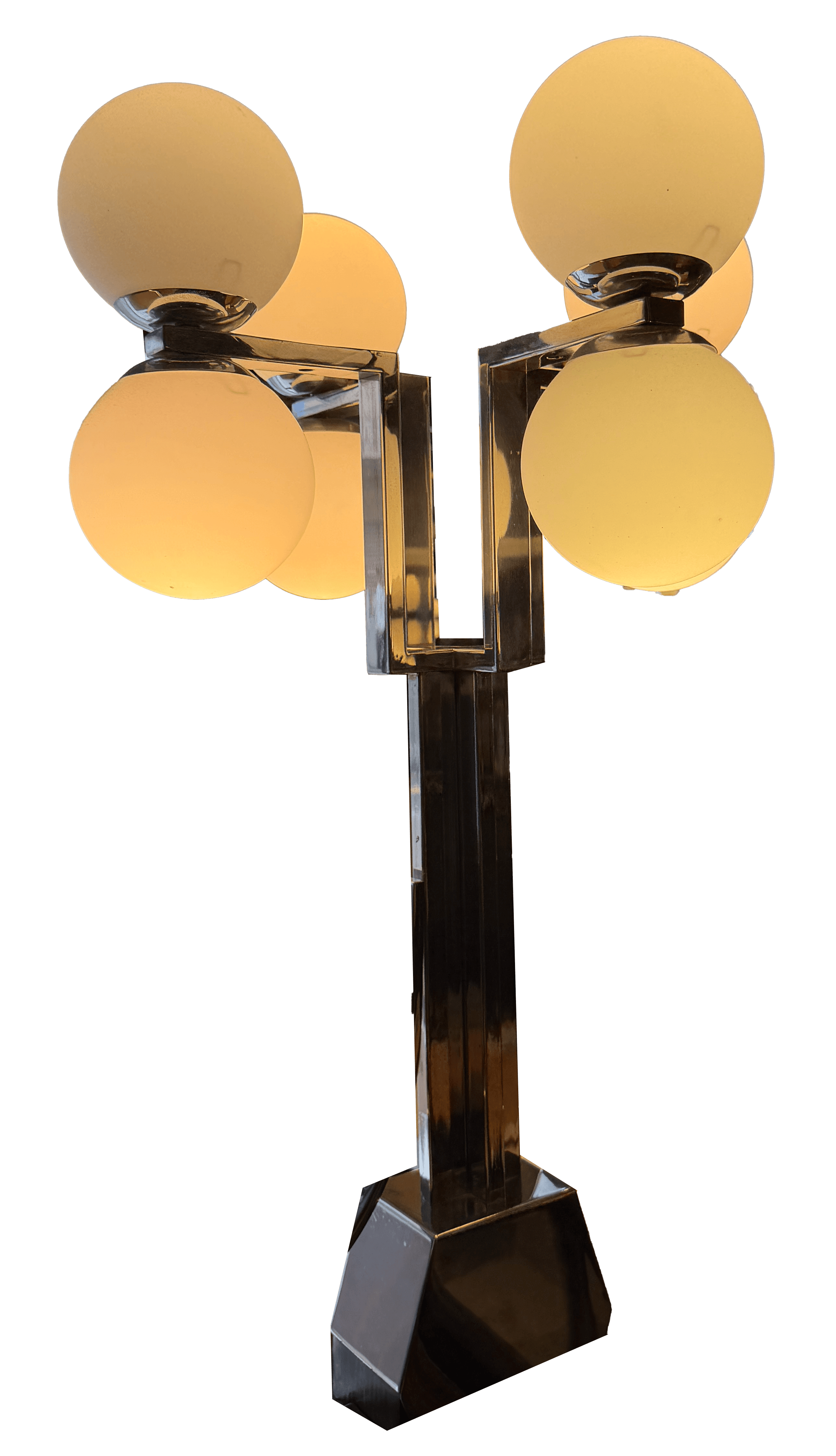 A chrome floor lamp with multiple globe-shaped frosted glass shades. The lamp features a stepped, geometric base and a central stem that branches out to support five light sources arranged in a cluster. The shades are illuminated, emitting a warm, yellow light. — 3D model