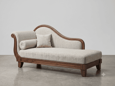 An elegant chaise lounge featuring a visible dark wood frame and light-colored textile upholstery. It has a high, curved backrest and a single rolled armrest on the left, with the right side open. The piece rests on short, tapered block feet and includes two matching decorative cushions: one square and one bolster. — 3D model