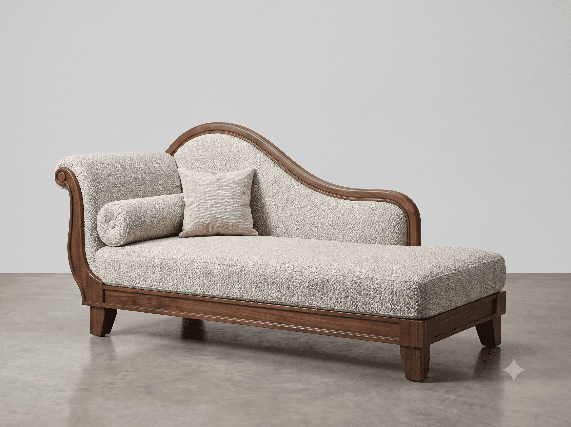 An elegant chaise lounge featuring a visible dark wood frame and light-colored textile upholstery. It has a high, curved backrest and a single rolled armrest on the left, with the right side open. The piece rests on short, tapered block feet and includes two matching decorative cushions: one square and one bolster. — 3D model