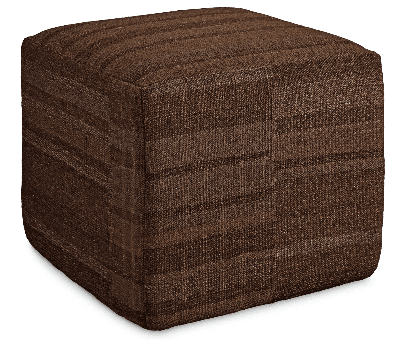 A cube-shaped ottoman upholstered in a woven fabric. The fabric features a striped pattern with varying shades of brown, creating a textured and rustic appearance. The construction appears to be solid, with clean lines and well-defined edges. — 3D model