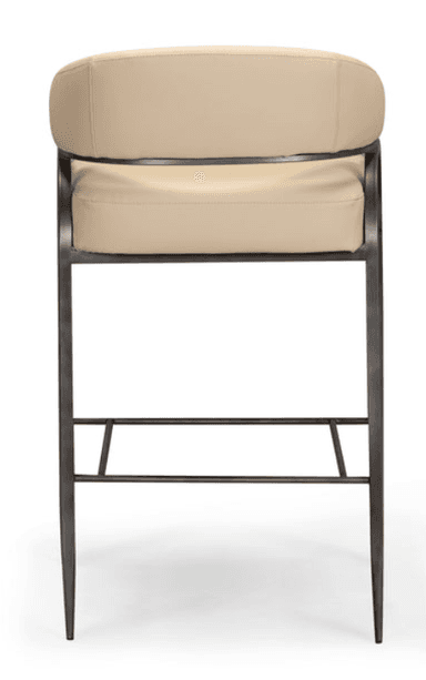 A contemporary bar stool featuring a beige upholstered seat and backrest with integrated armrests, set on a dark bronze or grey metal frame. The stool includes footrest bars for comfort and appears to have a swivel mechanism. The design is sleek and minimalist. — 3D model