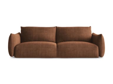 A modern two-seater sofa featuring a plush, low-profile design. It is upholstered in a warm, textured brown fabric. The sofa has distinctive rounded armrests that integrate smoothly with the main body, and two separate, generously cushioned seat and back pillows for comfort. The overall aesthetic is clean, soft, and contemporary, with no visible legs, giving it a grounded appearance. — 3D model