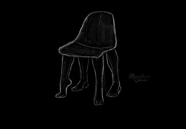 A unique chair with a seat and backrest that appears to be molded from a single piece of material. It is supported by four legs designed to resemble human legs and feet. The legs are positioned as if walking or standing. — 3D model