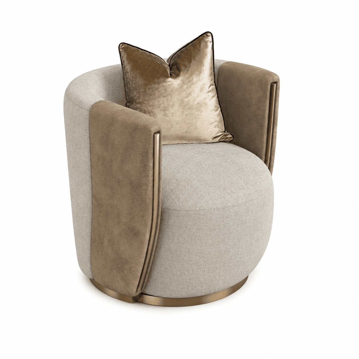 A modern, upholstered armchair with a rounded, barrel-shaped silhouette. It features a primary upholstery in a light beige, textured fabric, with contrasting panels of a darker, velvety brown material on the exterior sides of the backrest and arms. These panels are framed by polished gold-tone metal accents. The armchair is supported by a circular, brushed gold-tone metal base. A matching throw pillow with a velvety texture and gold piping is placed on the seat. — 3D model