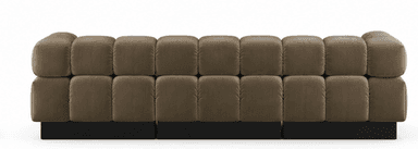 A modern, low-profile sofa featuring distinct channel tufting in a soft, plush velvet fabric. The entire seating area, including the backrest and arms, is composed of rounded, plush, individual-looking segments, creating a cloud-like appearance. It rests on a dark, recessed plinth base, giving it a floating effect. — 3D model