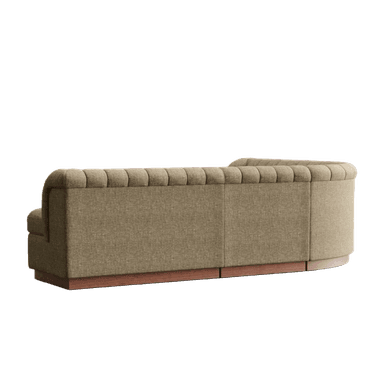 A beige L-shaped sectional sofa featuring vertical channel tufting on its backrest and arms, supported by a continuous, dark wood plinth base. The sofa is composed of modular sections, including a chaise element on the left side. — 3D model
