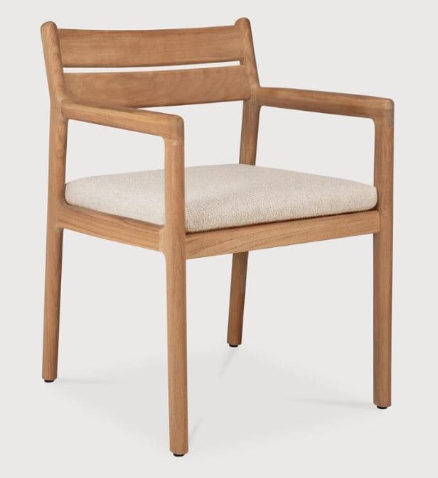 A modern wooden dining armchair featuring a light-toned wooden frame and an upholstered seat. The backrest consists of a solid top rail and two slender horizontal slats. The chair has straight legs and rectangular armrests integrated into the frame. The seat cushion is upholstered in a textured, light-colored fabric. — 3D model