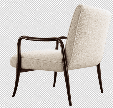 A mid-century modern style lounge chair featuring a visible wooden frame, curved armrests, and plush, textured cream-colored upholstery. — 3D model