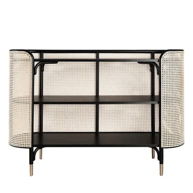 A contemporary open shelving unit featuring curved side panels made from natural cane webbing. The frame and shelves are crafted from dark wood or metal, providing a striking contrast. It includes two open shelves for display or storage, supported by a minimalist structure with short legs, some tipped with brass accents. — 3D model