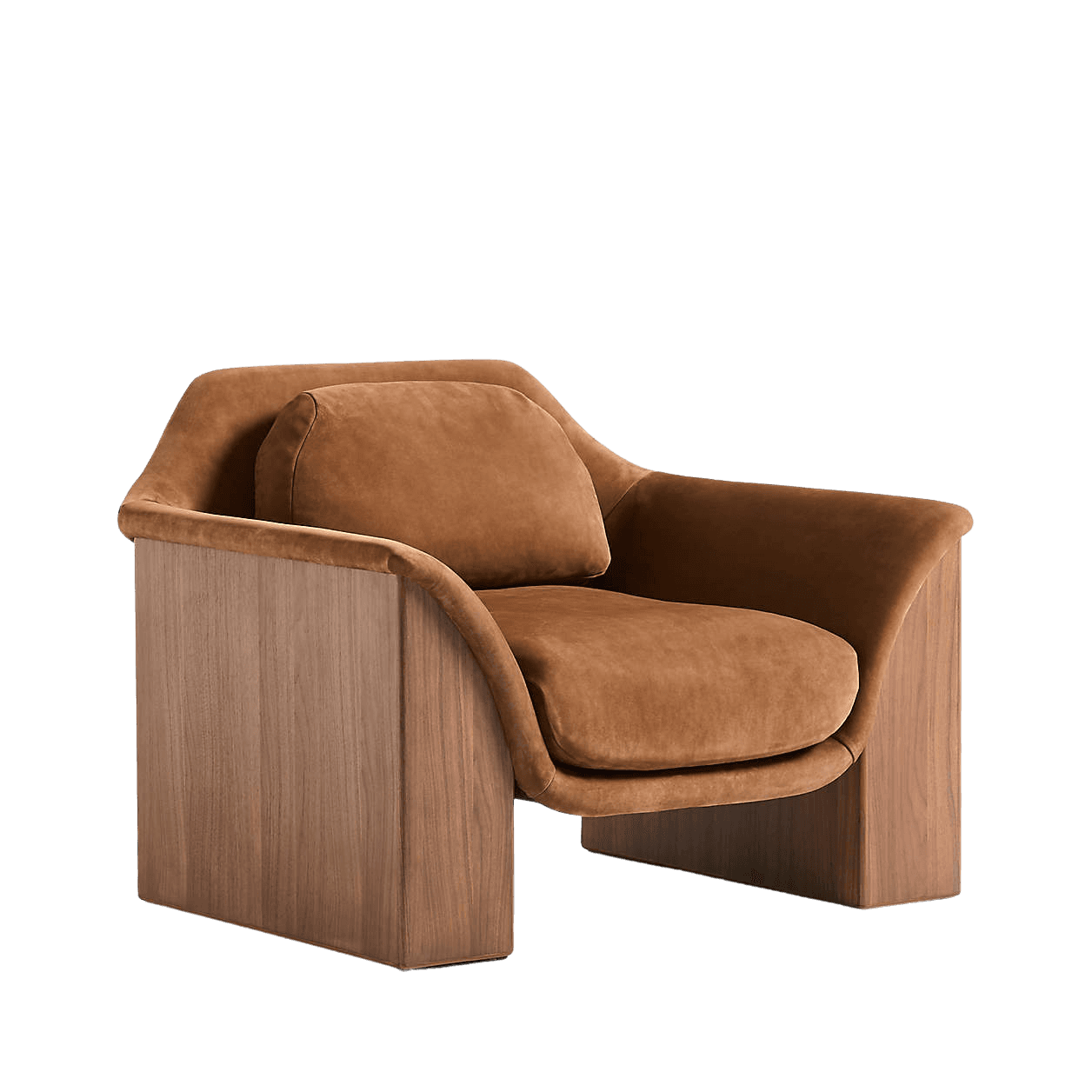 A contemporary armchair with a rounded, upholstered seat and backrest, featuring a detached lumbar cushion. The frame is constructed with solid wood panels that form substantial, block-like legs and armrests. The wood grain is prominently displayed, and the upholstery has a soft, velvety texture. — 3D model