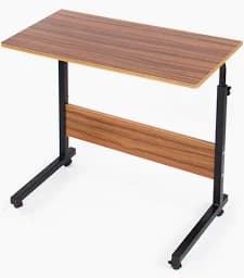 A rectangular, adjustable-height mobile laptop desk featuring a wood-grain laminate tabletop and a black powder-coated steel frame. It is equipped with caster wheels for easy mobility and has a lower support bar also finished in wood-grain laminate. — 3D model