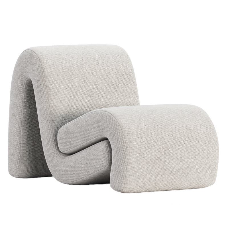 A contemporary upholstered lounge chair featuring a continuous, serpentine, and monolithic design in a light gray textured fabric. — 3D model