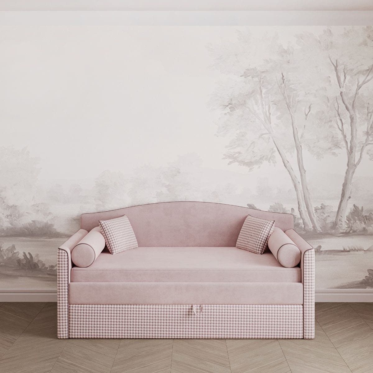 A pink upholstered daybed featuring a gently curved backrest and armrests, adorned with a houndstooth pattern on its side panels and lower front. It includes bolster pillows and square accent pillows, and has a pull-out mechanism underneath for storage or a trundle bed. — 3D model