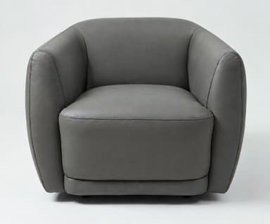 A modern, grey upholstered armchair with a rounded barrel shape, integrated arms and back, and a separate seat cushion. The chair features visible stitching along its seams and a slightly recessed base indicative of a swivel mechanism. — 3D model