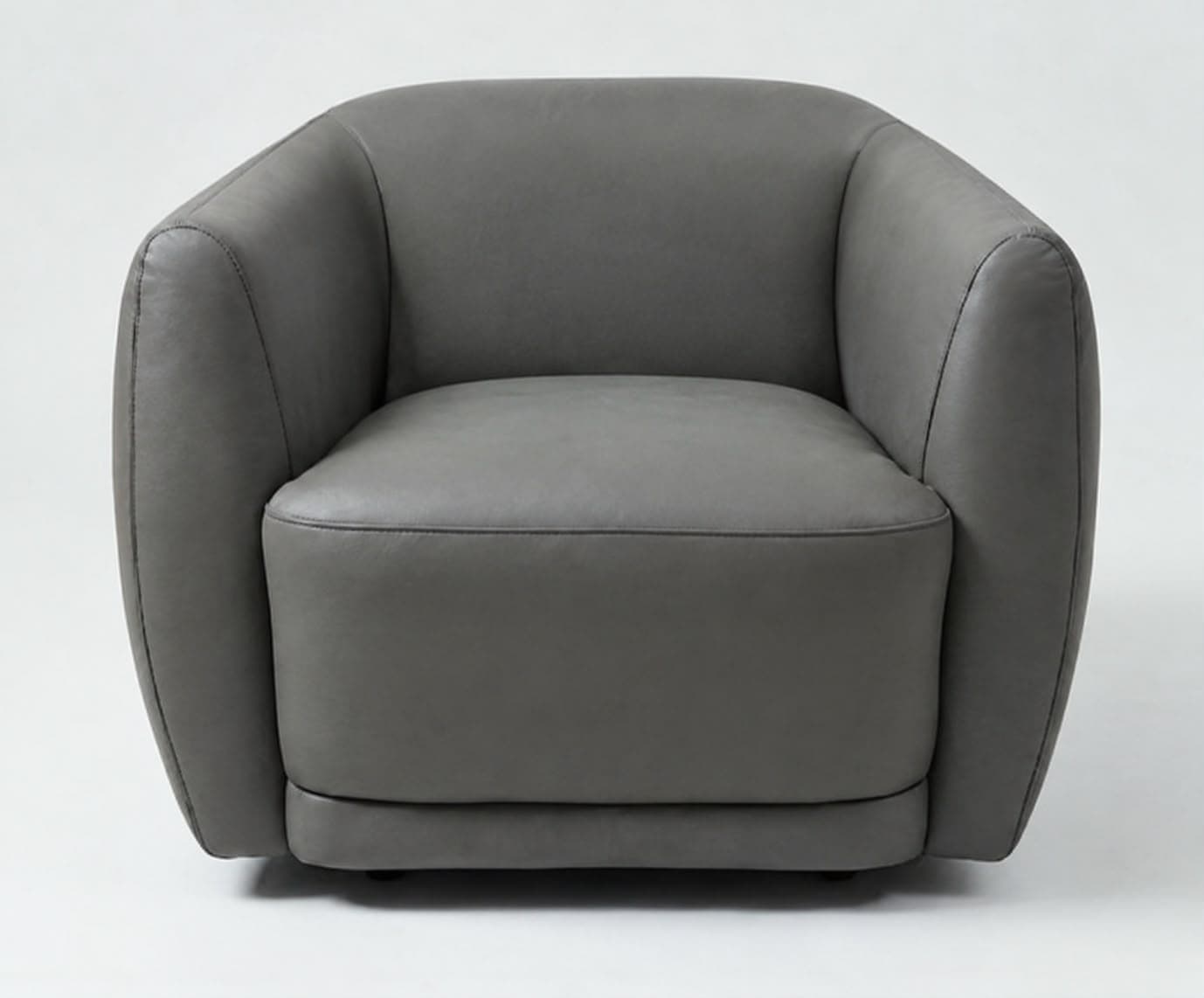 A modern, grey upholstered armchair with a rounded barrel shape, integrated arms and back, and a separate seat cushion. The chair features visible stitching along its seams and a slightly recessed base indicative of a swivel mechanism. — 3D model