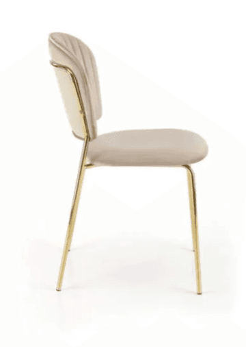 An armless chair featuring a channel-tufted backrest and a padded seat, both upholstered in a light beige velvet-like fabric. The chair stands on four slender, round, gold-toned metal legs. The backrest has a rounded top edge, contributing to a modern and elegant aesthetic. — 3D model