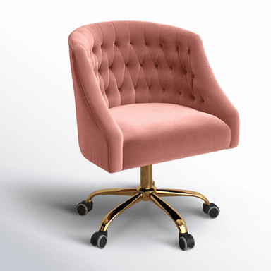 A blush pink velvet upholstered chair with a curved, tufted backrest and seat, supported by a gold-finished five-star swivel base with black caster wheels. The chair features deep diamond tufting on its interior back and arms, creating a classic, plush aesthetic. — 3D model
