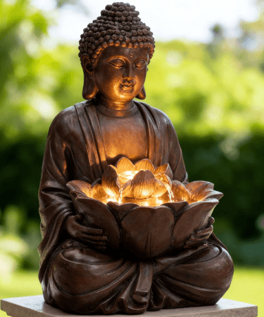 A bronze-finished resin statue depicting a seated Buddha in a meditative pose, holding a large lotus flower that serves as a multi-tiered indoor water fountain with integrated LED lighting. — 3D model