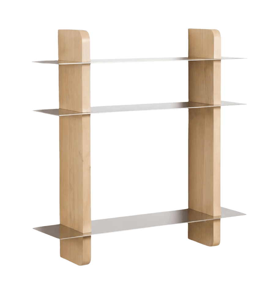 A three-tiered shelf unit constructed with two vertical wooden supports and three horizontal metallic shelves. The wooden supports have a rounded top edge and a rectangular base that extends slightly beyond the shelves. The shelves appear to be made of polished metal, possibly stainless steel or aluminum, and are positioned at equal intervals between the supports. — 3D model
