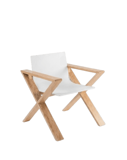 A contemporary armchair featuring a robust wooden X-frame construction and a sling-style seat and back made from white fabric. The frame is constructed from light-colored wood, possibly oak, with visible grain, forming a stable base and integrated armrests. The chair exhibits a minimalist aesthetic with clean lines and a functional design. — 3D model