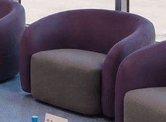 A modern upholstered tub accent chair featuring a seamless purple back and integrated arms, paired with a contrasting grey fabric seat cushion. — 3D model