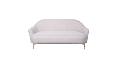 A contemporary two-seater sofa with a curved, asymmetrical backrest and low-profile design. It features upholstered seating and back, with a single continuous armrest that extends along one side and curves around the back. The sofa is supported by four tapered wooden legs. — 3D model