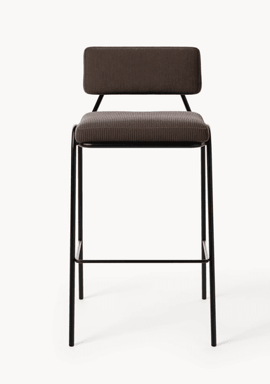 A modern bar stool featuring a sturdy black tubular metal frame supporting a padded seat and a low rectangular backrest, both upholstered in a rich brown ribbed corduroy fabric. The frame includes an integrated square footrest. — 3D model