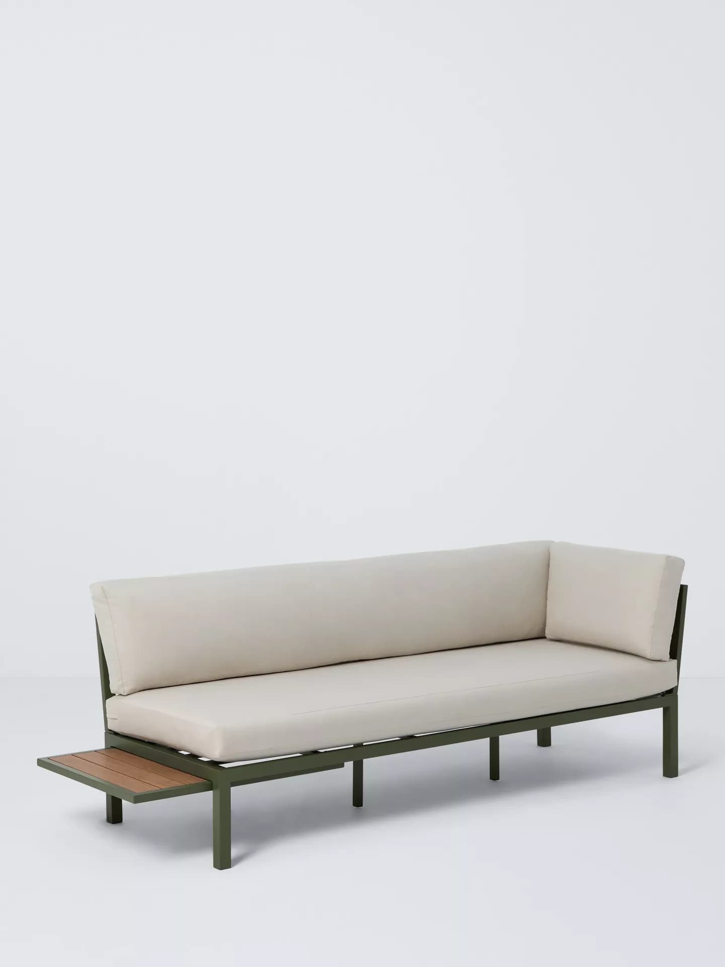A modern, modular sofa with a metal frame and upholstered cushions. It features a detached side table with wooden slats integrated into one end of the frame. The sofa has a clean, minimalist design. — 3D model