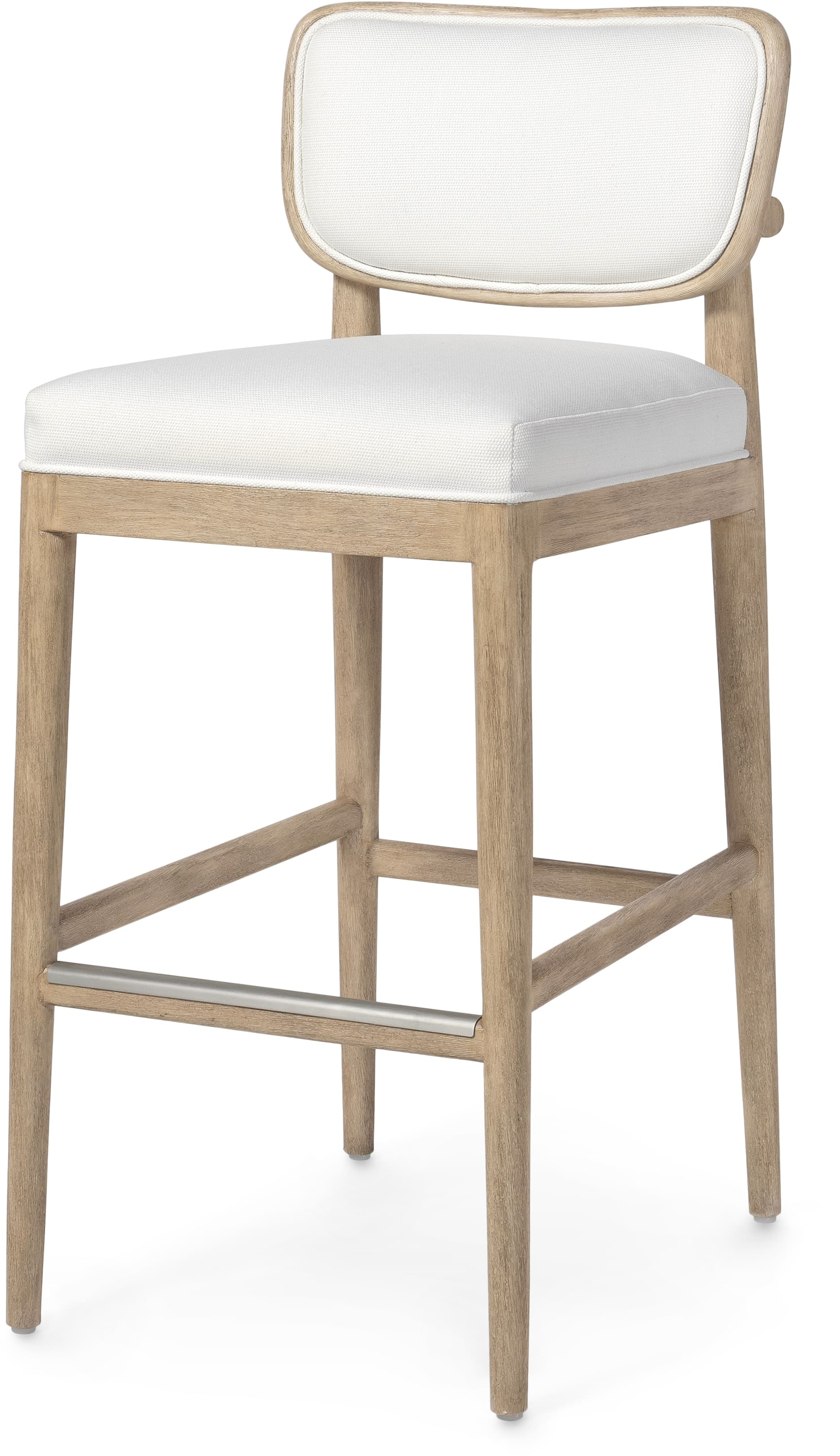 A modern bar stool featuring a light-toned wooden frame with a fully upholstered seat and a low backrest in white fabric. The frame has clean lines with rounded edges on the backrest. A silver-toned metal footrest is integrated into the front stretcher for added comfort and durability. The stool stands on four straight, tapered legs. — 3D model