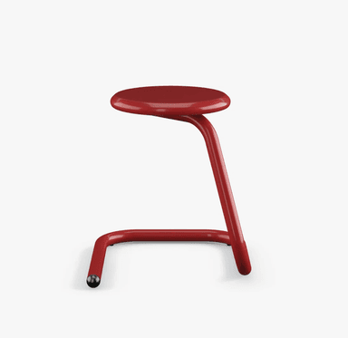 A modern, single-piece stool with a circular seat and a cantilevered base. The structure is formed from a single, curved tube that extends from the seat downwards, forms a horizontal base, and then curves upwards at the end. A small black component is visible beneath the seat, possibly for adjustment or stability. — 3D model