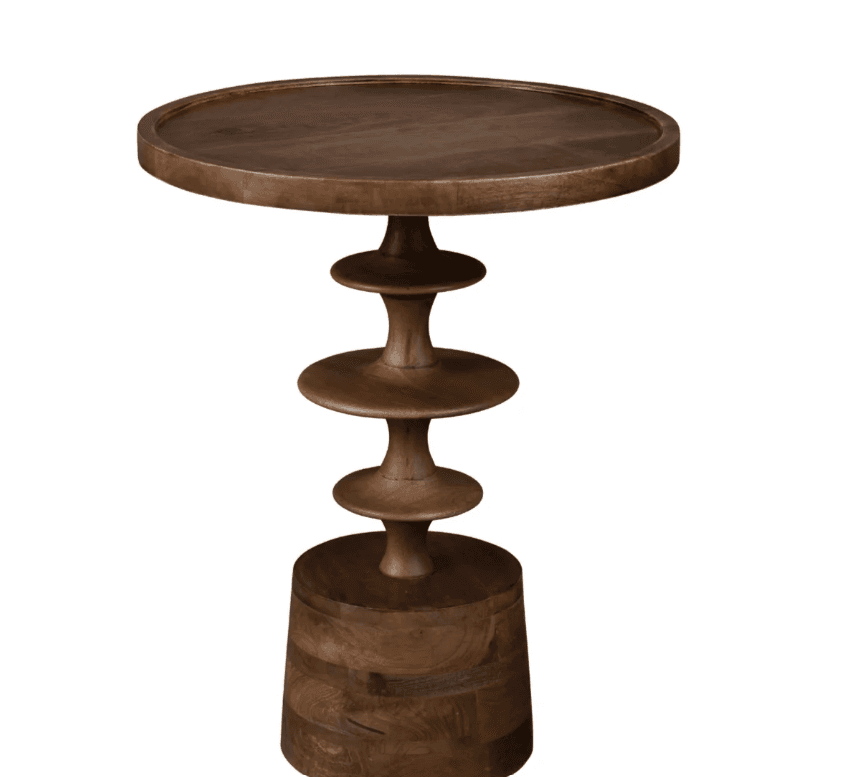 A modern sculptural accent table crafted from wood, featuring a round tabletop with a raised rim. The central support column is composed of a series of stacked, rounded, and spindle-like elements that narrow and widen, creating an organic, visually dynamic form. This column rests on a sturdy, cylindrical foot composed of vertically oriented wood blocks. The entire piece is finished in a uniform dark brown stain, highlighting the natural wood grain. — 3D model